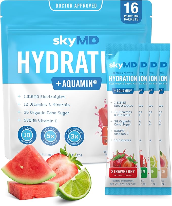 skyMD Daily Hydration | Electrolytes Powder Packets | Low Sugar, 10 Calories | 12 Vitamins & Minerals, Sodium | Drink Mix ...