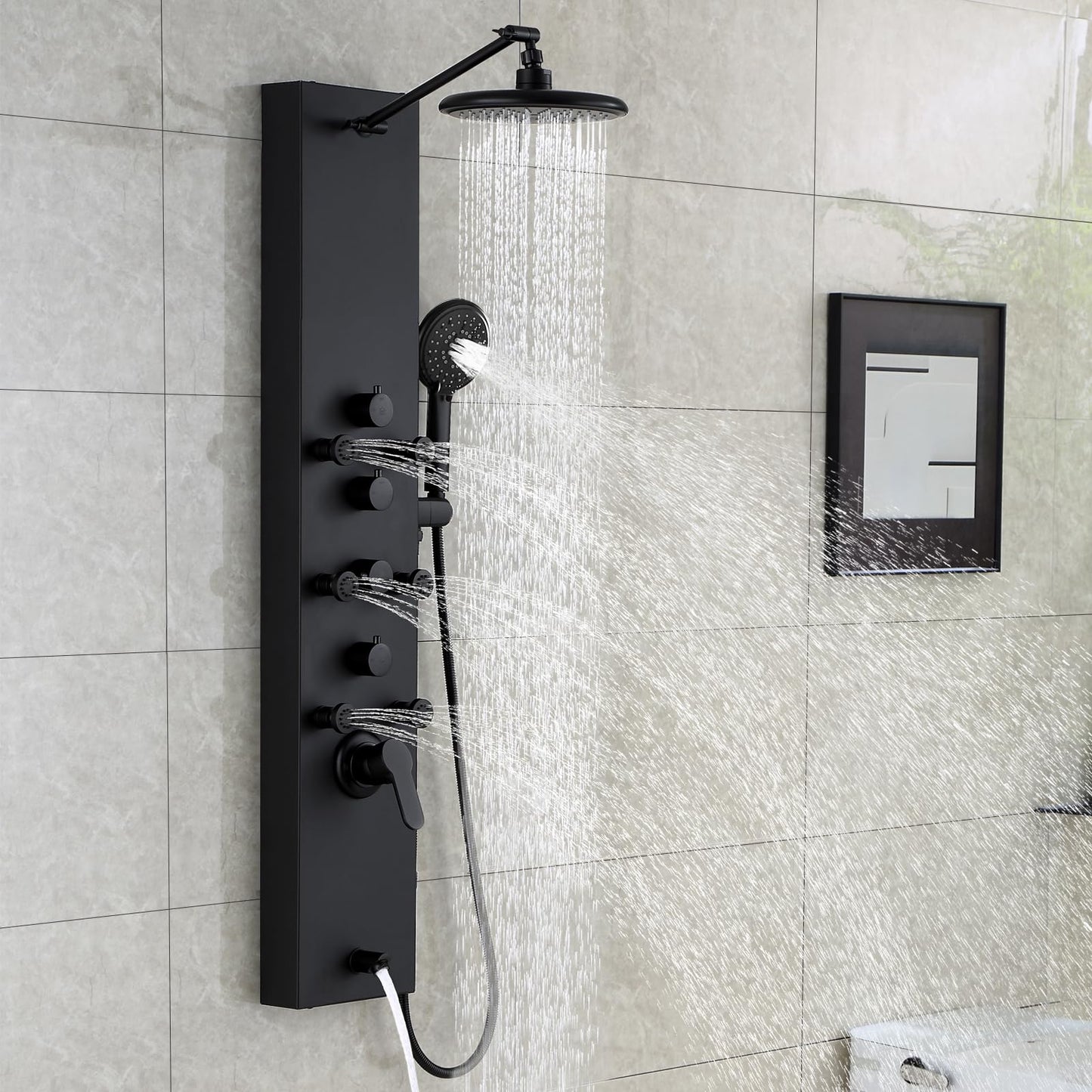 ROVOGO Shower Panel Tower System, 4-Function (Rain Shower, Handheld Sprayer, Body Jets, Tub Spout) with Simultaneous Use Option, Stainless Steel Shower Column with Adjustable Head, Black