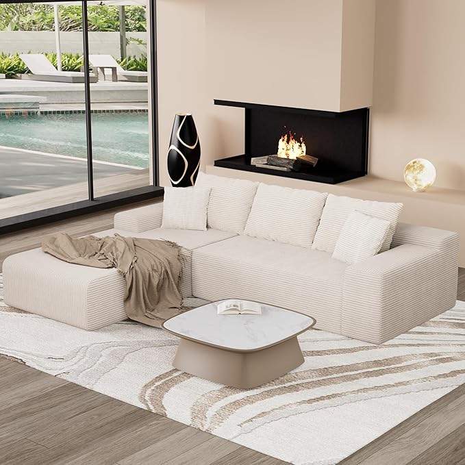 NAYA 106” Modular Sectional Sofa, Cloud Sectional Couch with Deep Seat, Modern Modular L-Shape Sofa Boneless Couch with Chaise for Living Room Bedroom (Beige, Sectional Sofa with Left Facing Chaise)