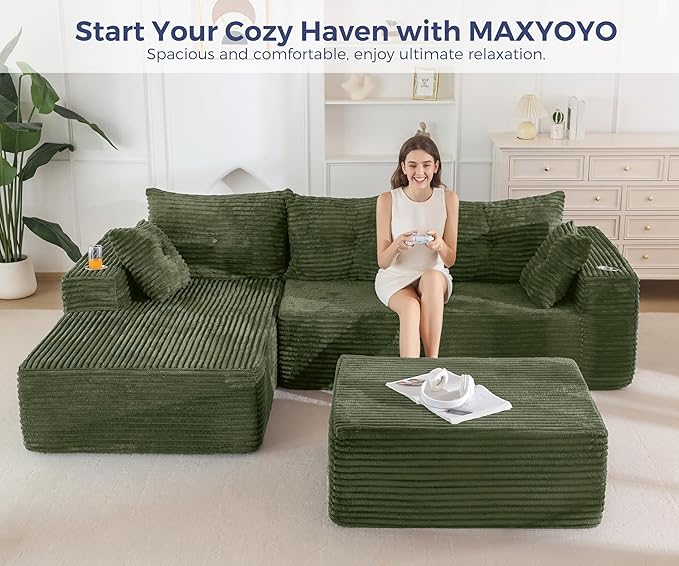 MAXYOYO 104" U-Shaped Modular Sectional Couch, Modern Boneless Couch for Living Room, Sofa in A Box, Oversized Sofa Sleeper with Deep Seat, No Assembly Required, Green