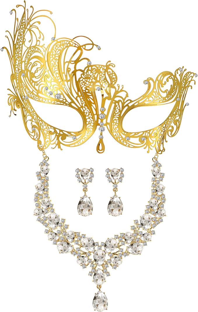 Sratte Masquerade Mask Set Include Necklace Earring Halloween Venetian Mask for Lady Women Costumes Accessory Cosplay Party