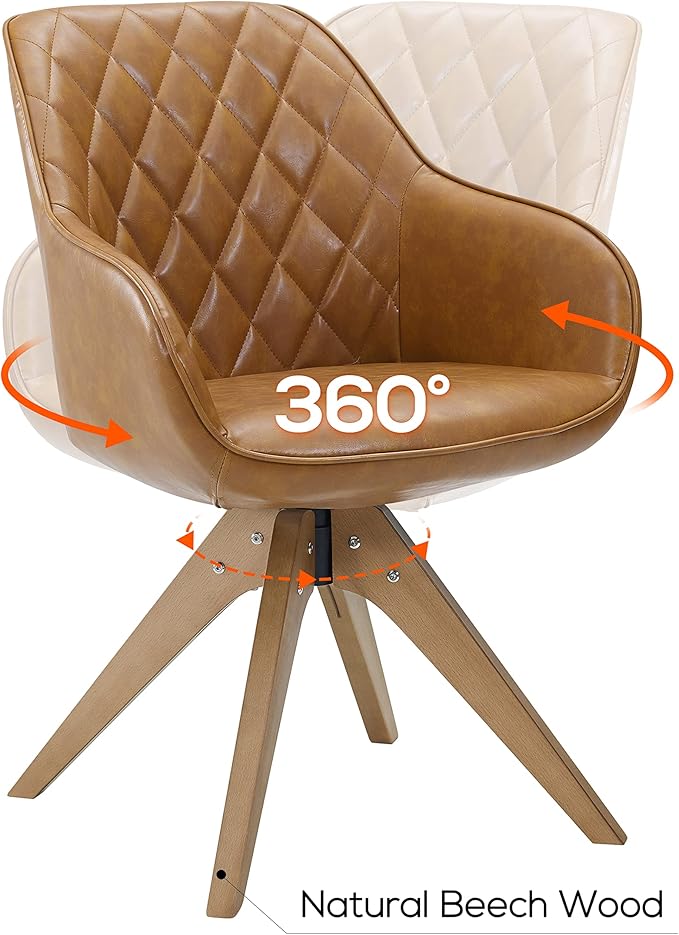 Art Leon Dining Chair - Mid Century Modern Swivel Dining Room Chair, Faux Leather Upholstered Arm Chair with Wood Legs for Living Room, Claybank