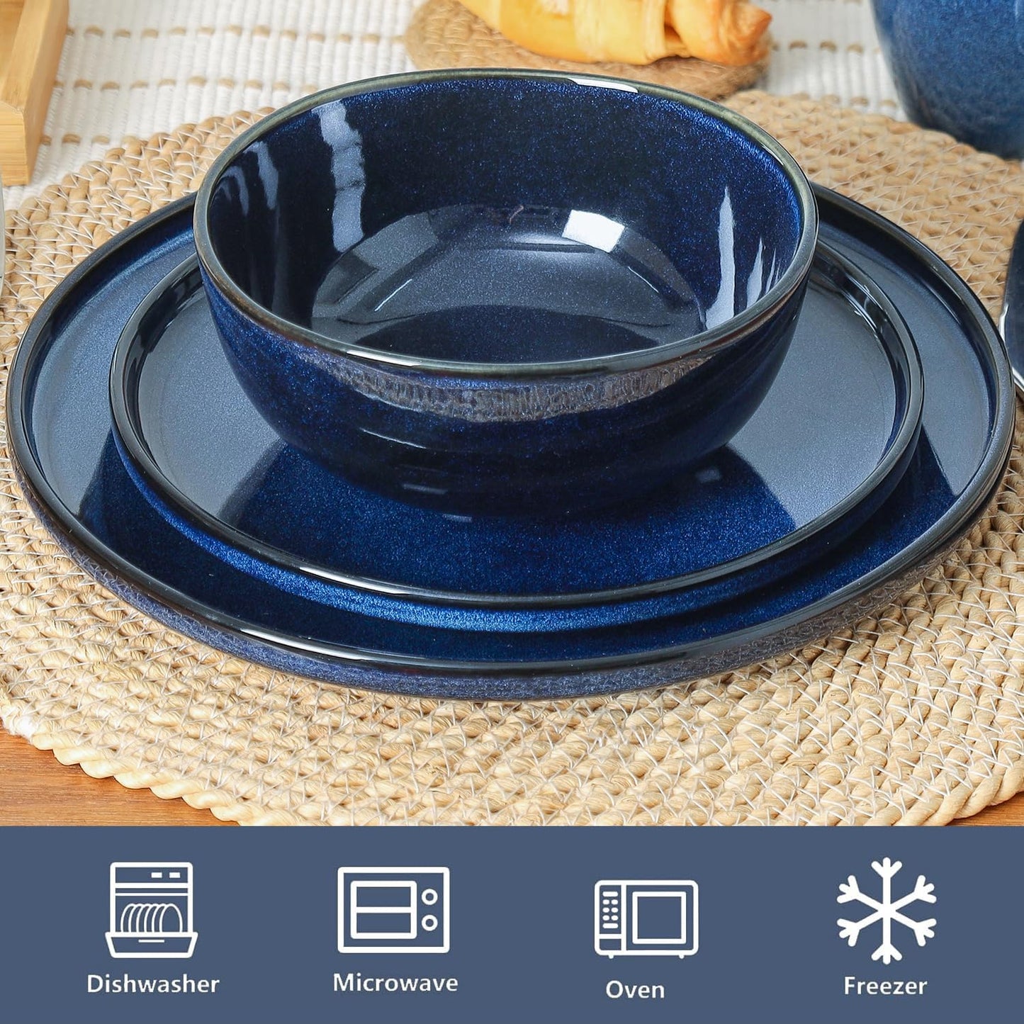 Vicrays Ceramic 12 Pieces Dinnerware Set - Dinner Plates Salad Plates Cereal Bowls Set Service for 4 - Scratch Resistant Microwave Oven Dishwasher Safe - Blue