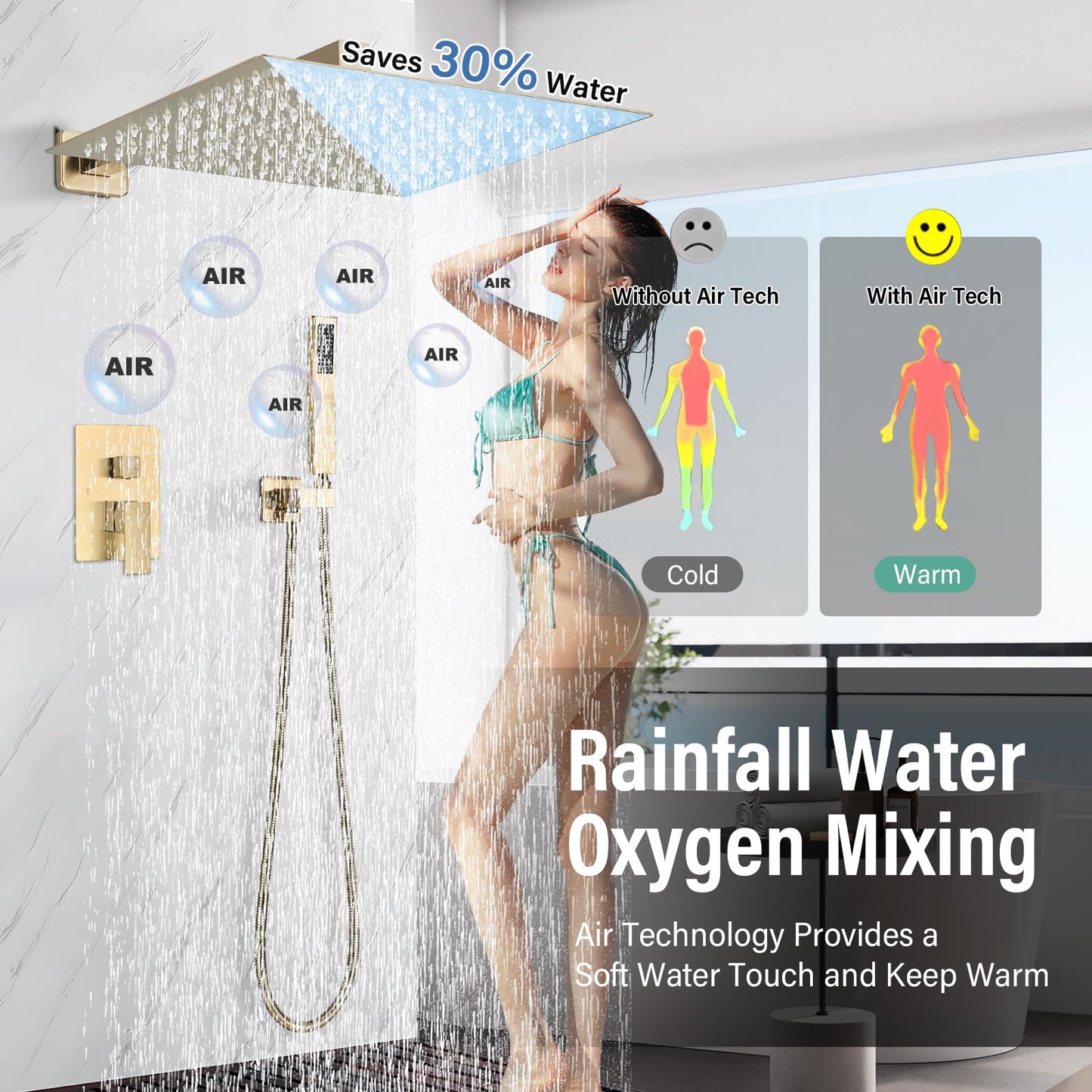 Shower Faucet Rain Shower System with 12 Inches Rainfall Shower Head and Handheld Spray Combo Bathroom Shower Faucet Set Complete Brushed Gold Shower Valve and Trim Kit Wall Mounted