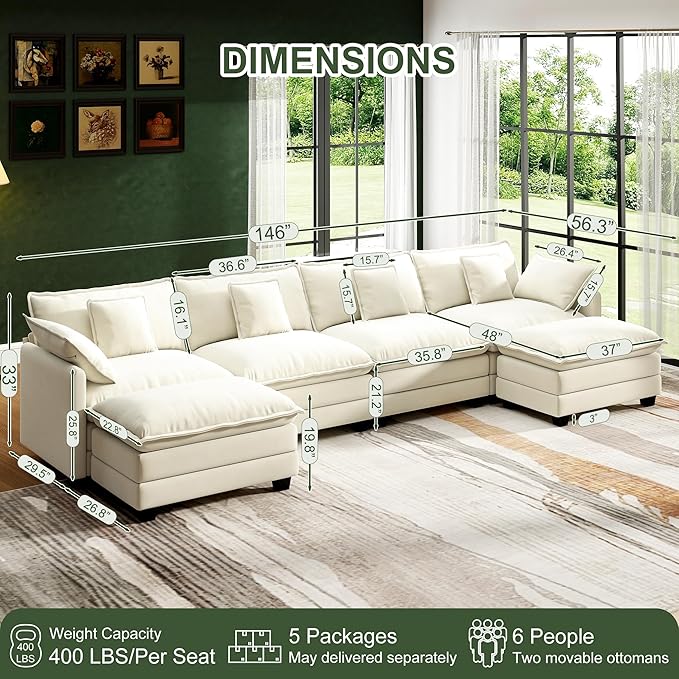 146" Cloud Couch Sectional, U Shaped Modular Sectional Sofa, 4-Seat Deep Seat Couch with 6 Removable Washable Pillows and 2 Ottoman for Living Room, Bedroom, Apartment, Beige