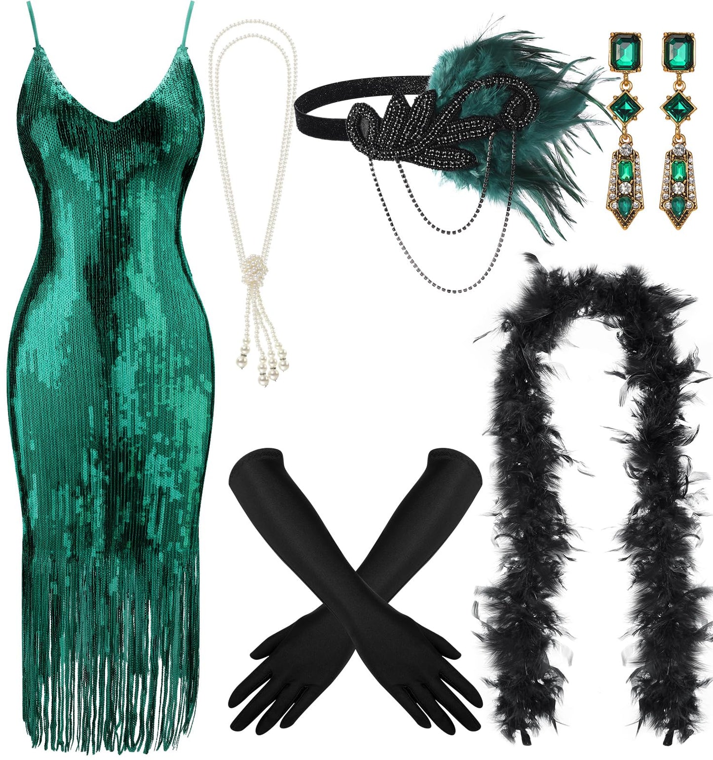Tisancy 7 Pcs 1920s Women's Flapper Dress Sequin Dress Costume Headwear Earring Necklace Glove Stick Set and Long Feather Boa (Malachite Green,Large)