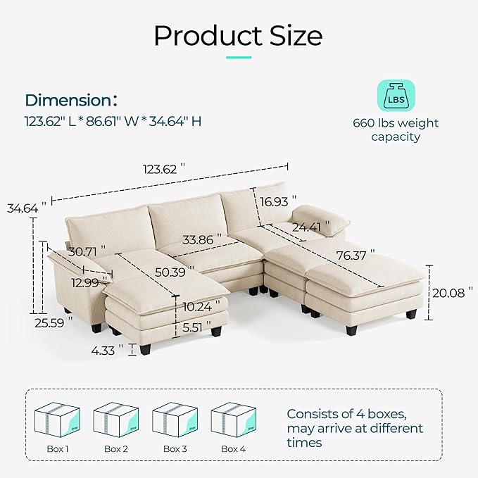 LINSY HOME Modular Sectional Sofa - 123 Inch Oversized Corduroy Cloud Couch with Movable Ottoman Soft Modern Comfy Sofa Set for Living Room Apartment Office, Beige