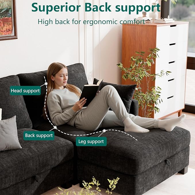 OhaiAura Modular Sectional U Shaped Sofa Couches for Living Room, Cloud Couch with Storage Ottoman, Comfy Chenille Sofa with Pillow, Black