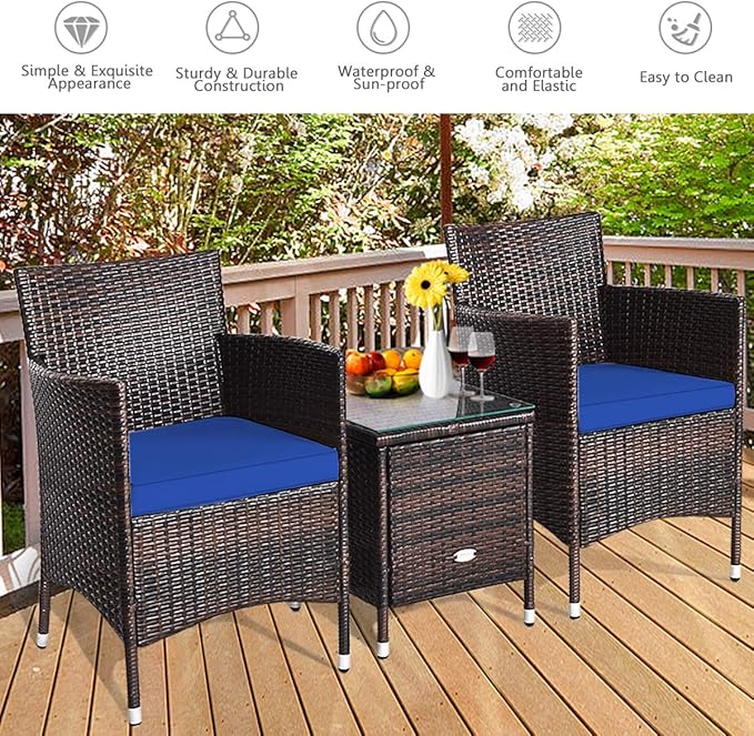 HAPPYGRILL 3 Piece Patio Furniture Set Outdoor Rattan Wicker Conversation Set with Coffee Table Chairs & Thick Cushions Bistro Sets for Patio Garden Lawn Backyard Pool