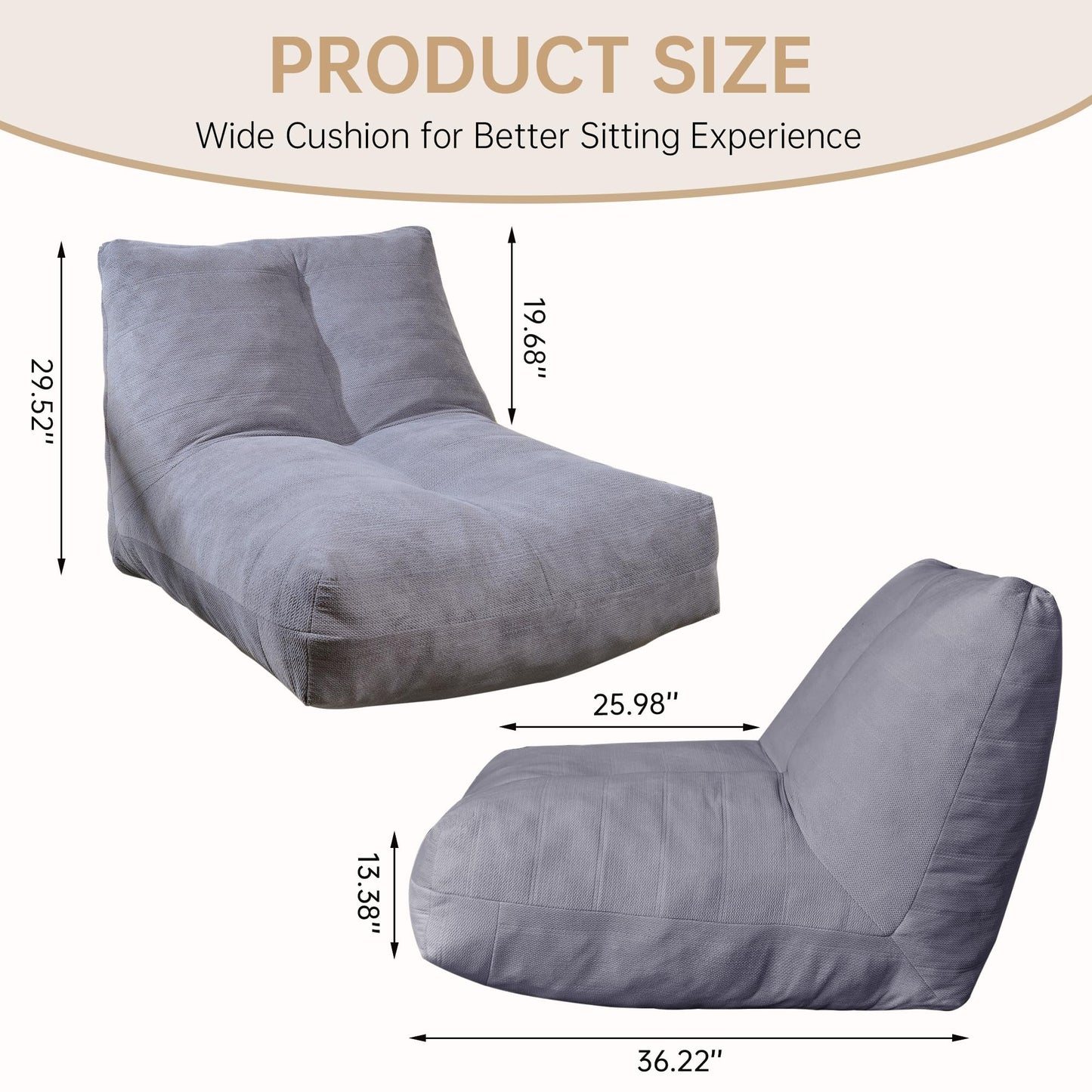Stmoze Bean Bag Chairs for Adults, Memory Foam Bean Bag Chair, Spacious Single Sofa, Ergonomic Support Reading Floor Sofa Chair with Filler, Comfy Cozy Beanbag Couch for Bedroom Living Room (Grey)