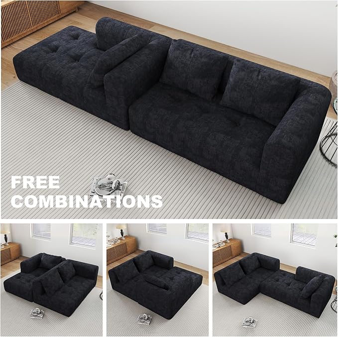 105" Modular Sectional Sofa, Boneless Couch for Living Room, Cloud Sectional Couch with Deep Seat, L-Shape Sofa, Upholstered Couches for Living Room Bedroom, No Assembly Required, Black (Slub Fabric)