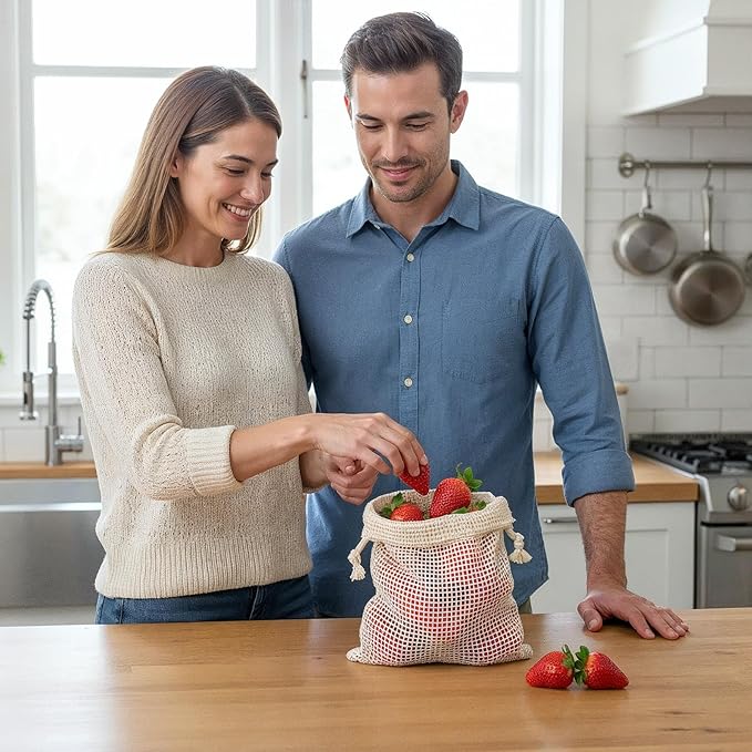 9 PCS Reusable Mesh Produce Bags Cotton Mesh Vegetable Bags for Refrigerator Potato Storage Bag Reusable Double Stitched with Drawstring Produce Bag for Vegetables Fruit Grocery Shopping(3 S/M/L)