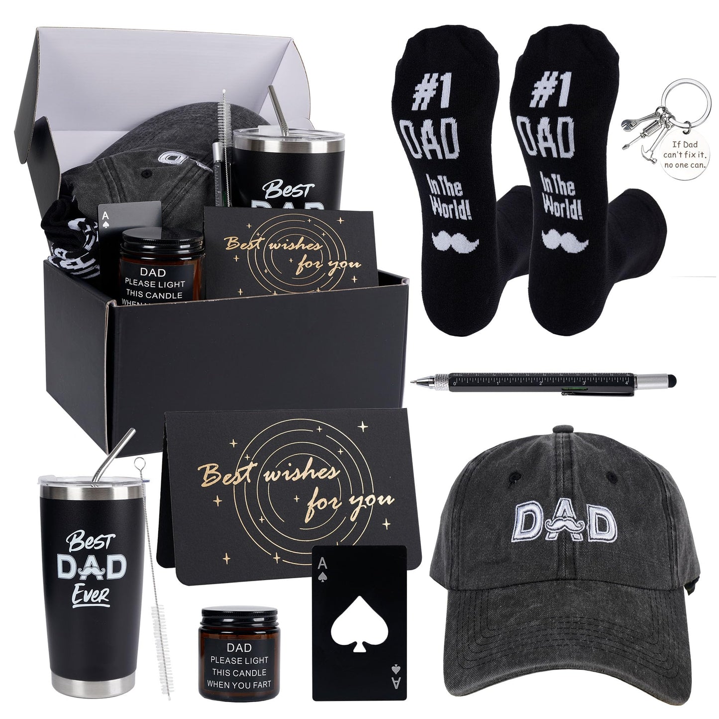 Kolewo4ever 9 Pieces Dad Gift Set Best Dad Gifts for Father, Men with Tumbler Mens Socks Mens Baseball Cap Key Chain Card for Men Father Papa Gifts from Son Daughter Kids