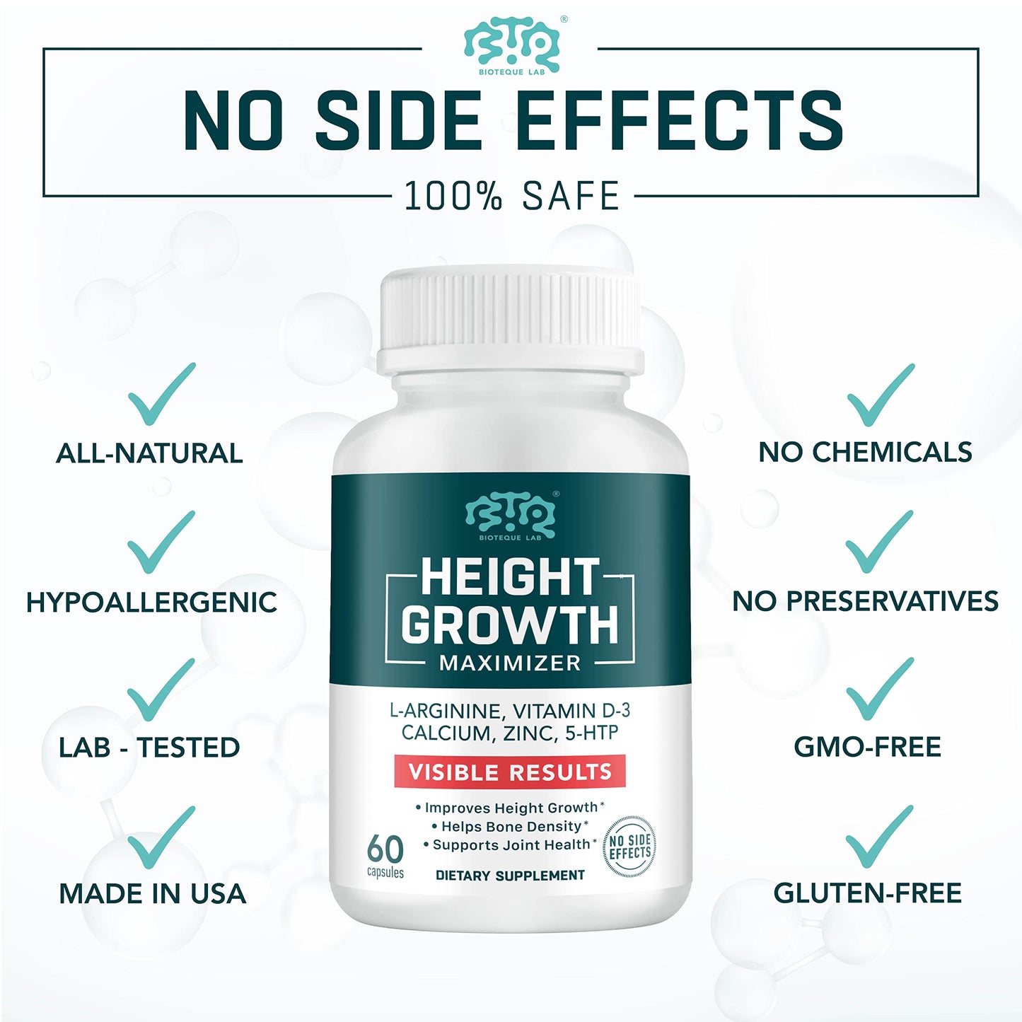 BIOTEQUELAB Height Growth Maximizer, Calcium, Vitamin D3 and Zinc Blend Pills, Bone Growth Supplement for Kids and Teens, Bone Strength, Density Support, GMO-Free, Gluten-Free, Made in USA, 60 Caps