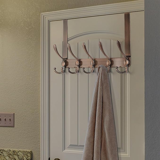 Dseap Over The Door Hook Hanger - 5 Tri Hooks, Heavy Duty Over The Door Towel Rack Coat Rack for Clothes Hat Towel,Red Antique Copper, 2 Packs
