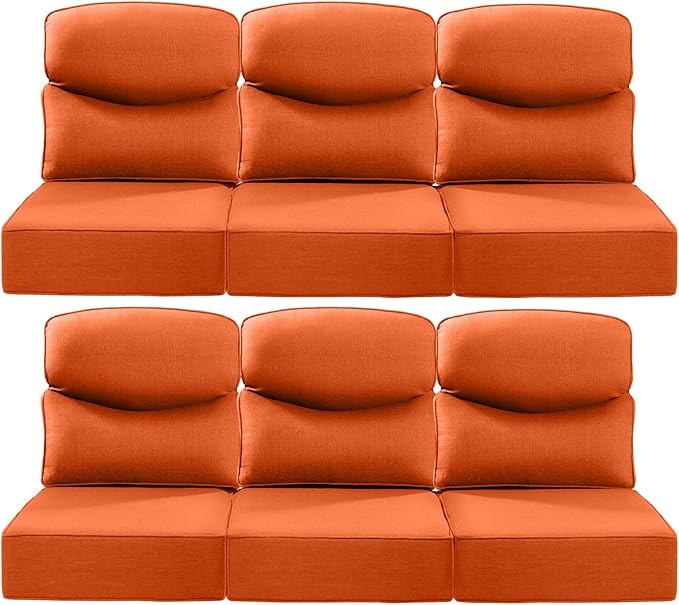ACTREST Luxury 22x24/22x25 6-Inch Smile Patio Cushions for Outdoor Furniture Set of 6 - Thick Back & Deep Seat Outside Chair Cushions for Rattan Metal Glider Loveseat Sectional Sofa - Orange
