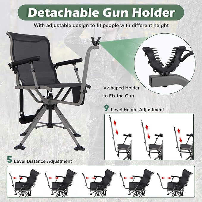 GYMAX Hunting Chair with Gun Rest, 360° Swivel Hunting Blind Chair w/Adjustable Height & Armrest, All-Terrain Duck Feet, Shoulder Strap, 330 LBS Folding Outdoor Ground Blind Seat