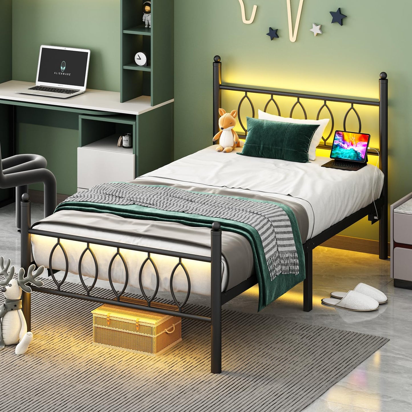 Samurbex Twin Size Bed Frame with Headboard,Black Metal Platform Bed Frame Twin Size with Charging Station & LED Lights,12-Inch Under Bed Storage,No Box Spring Needed,Noise Free,Easy to Assemble