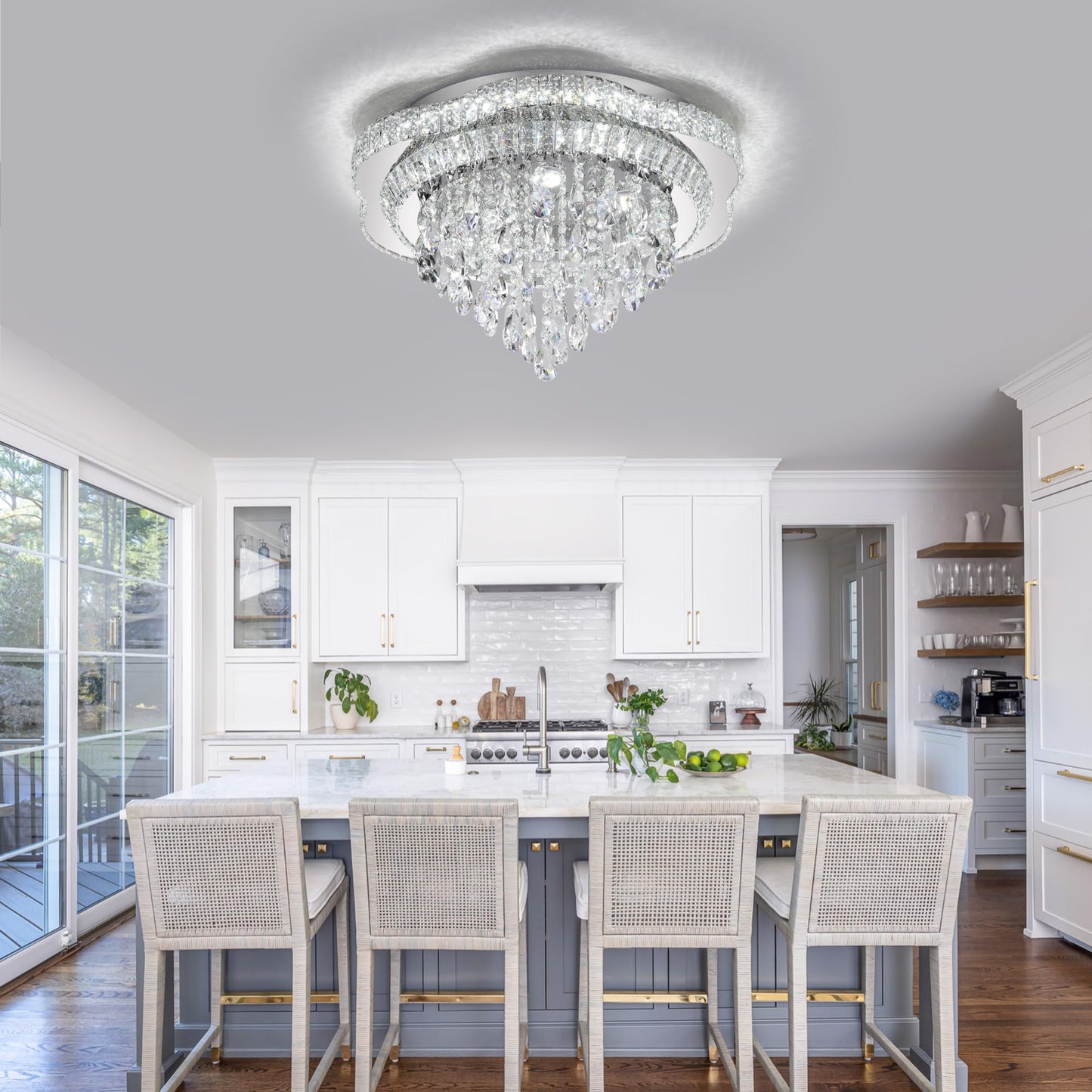 OSGNER 24" Sliver Crystal LED Ceiling Light Fixture with Remote Control,Flush Mount Chandelier with 3-Color Dimmable for Living Room Bedroom Dining Room Hallway - Modern Flower Design