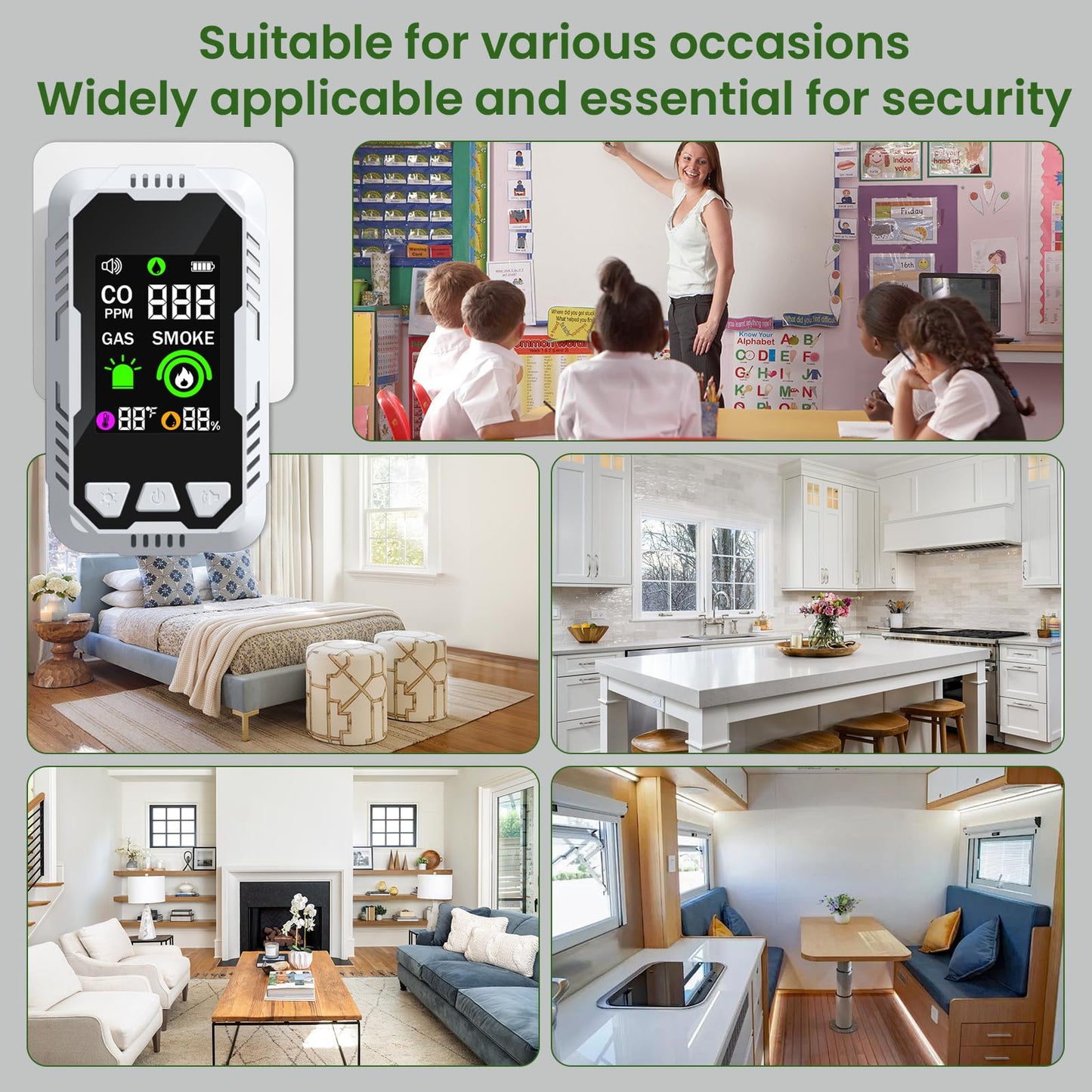 5-in-1 Carbon Monoxide Detector Combo with LCD Display, Detects CO, Natural Gas, Smoke, Temperature, Humidity for Home Hotel, Camping RV, Apartment Safety, Plug-in Monoxide Alarm HD Screen 1 Pack