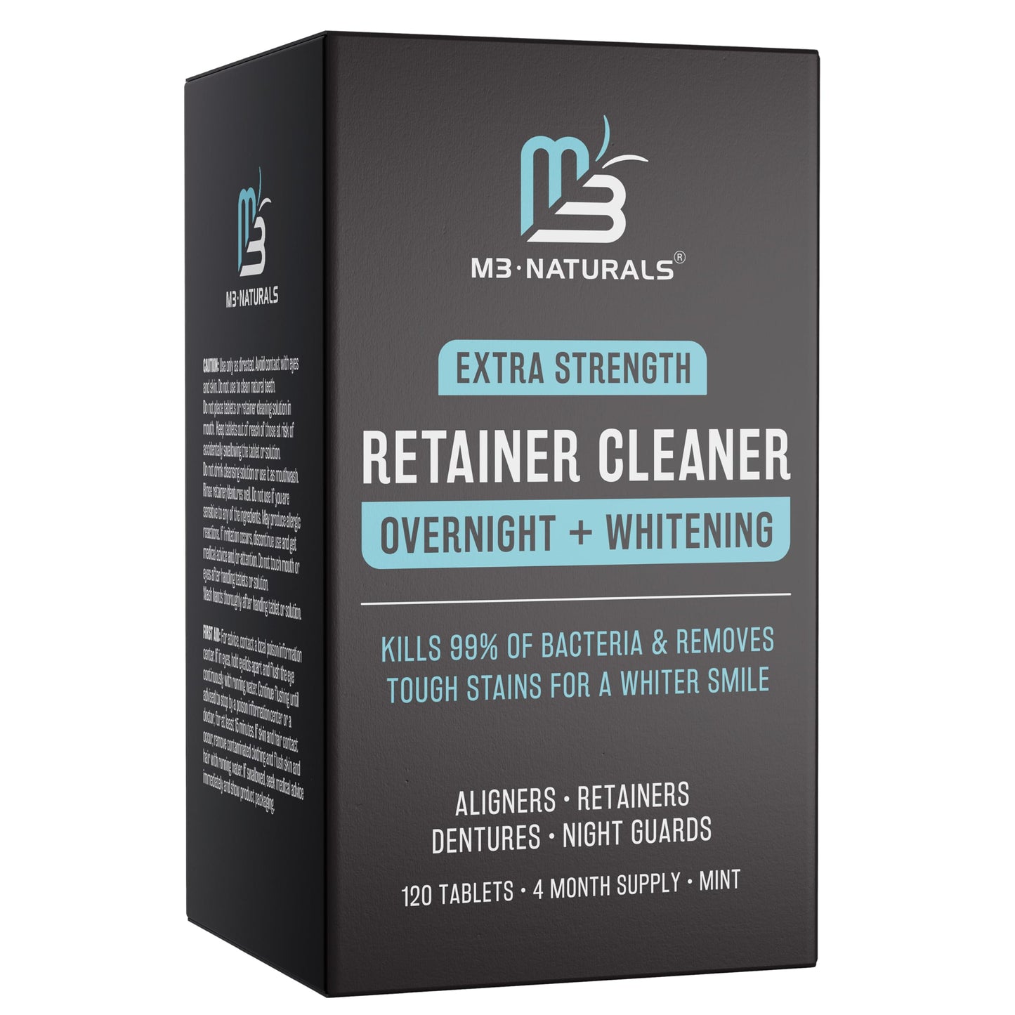 Overnight + Whitening Retainer Cleaner, Remove Stains, Discoloration, and Plaque | 4 Month Supply | Denture Cleanser with Whitening Boost,120 Tablets by M3 Naturals