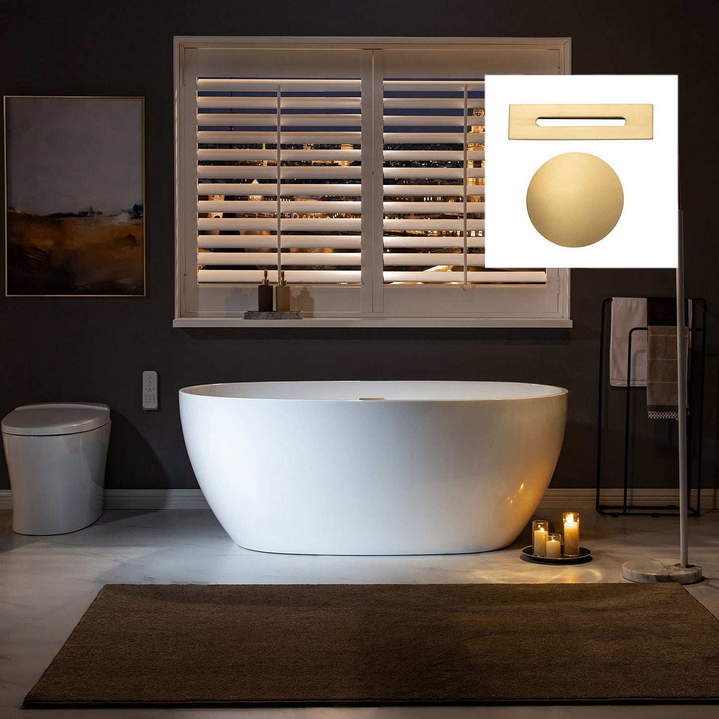 WOODBRIDGE 59" Acrylic Freestanding Bathtub Contemporary Soaking White Tub with Brushed Gold Overflow and Drain，BTA1518 -BG-Drain &O