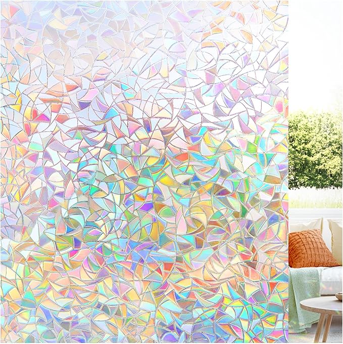 LUTE Window Privacy Film, Rainbow Window Film, 3D Decorative Stained Glass Cling, Non-Adhesive Vinyl Static Cling Removable Glass Stickers, Sun UV Blocking Decal Covering for Home, 11.8 x 78.7 inches