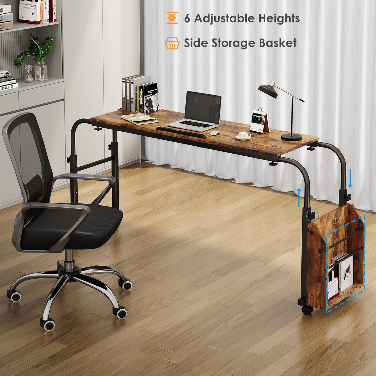 Arlopu Overbed Table with Wheels,60.6-84.2 inches Mobile Bed Desk,Rolling Computer Desk, Laptop Cart,W/0-65°Tilt Stand,4 Heights and 6 Lengths,Side Storage Basket,for Home,Office and Hospital (Brown)