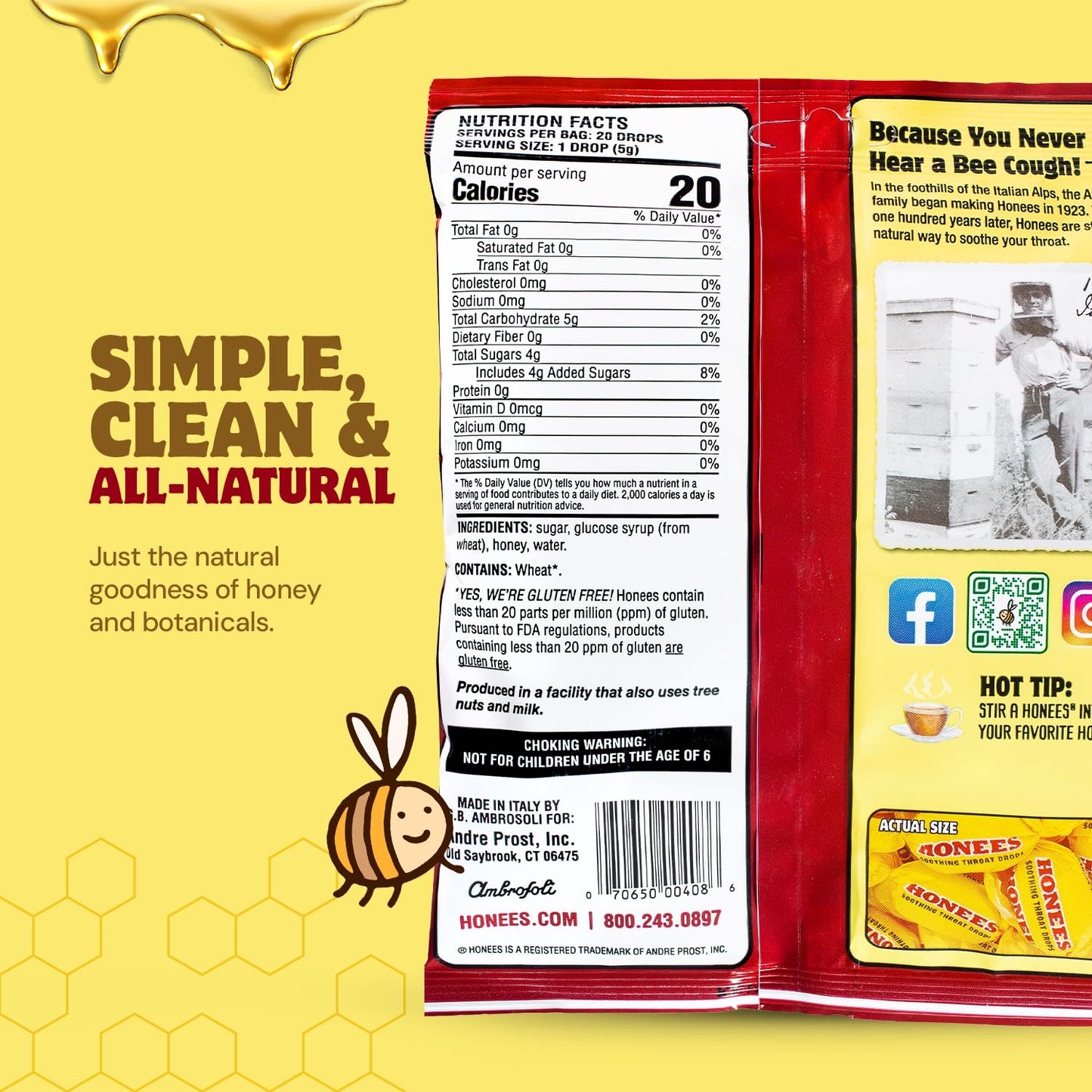 Honees Honey Filled Drops, Honey Cough Drops with Real Honey-Natural Sore Throat Relief-Nothing Artificial-Throat Coat Lozenges, Natural Cough Suppressant, Non-GMO (12 Pack – 240 Drops)