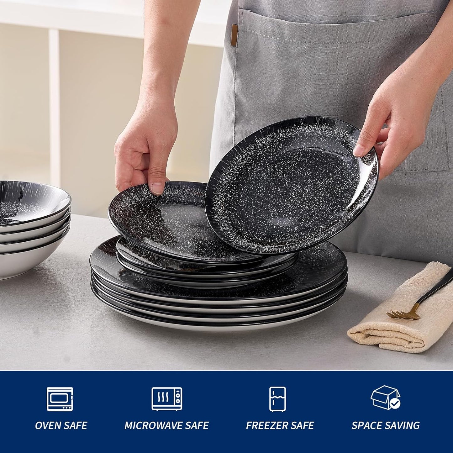 Bestone Plates and Bowls Sets,12 Pieces Round Porcelain Dinnerware Sets,Dishes, Plates, Dishware Sets,Chip Resistant Ceramic Dish Set Dining Dinner Ware Service for 4,Starry Sky Black