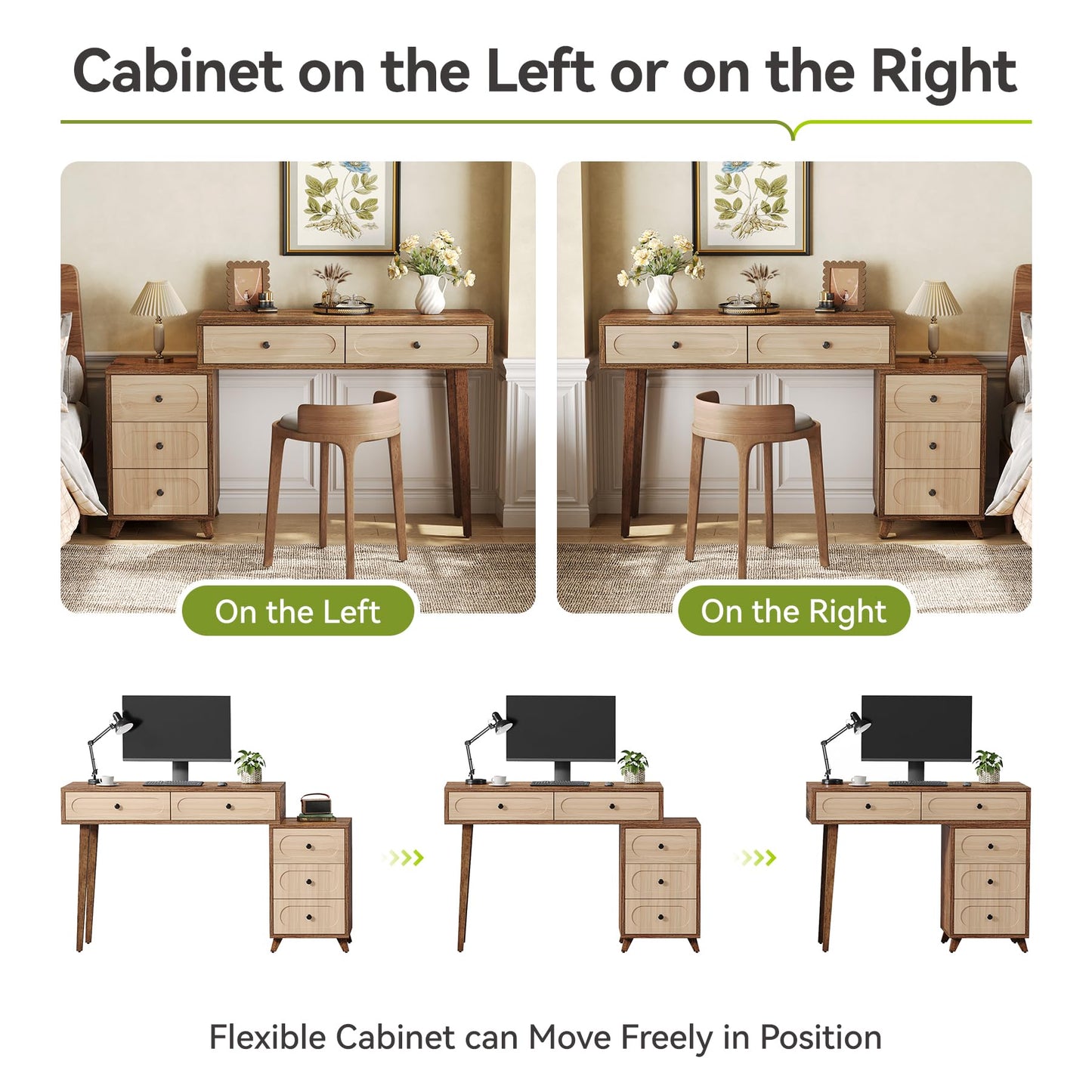 LITTLE TREE 39-Inch Writing Desk with 5 Drawers & Retractable Cabinet, Small Expantable Computer Desk, Vanity Table with Storage, Interchangeable Left and Right, for Small Spaces, Brown