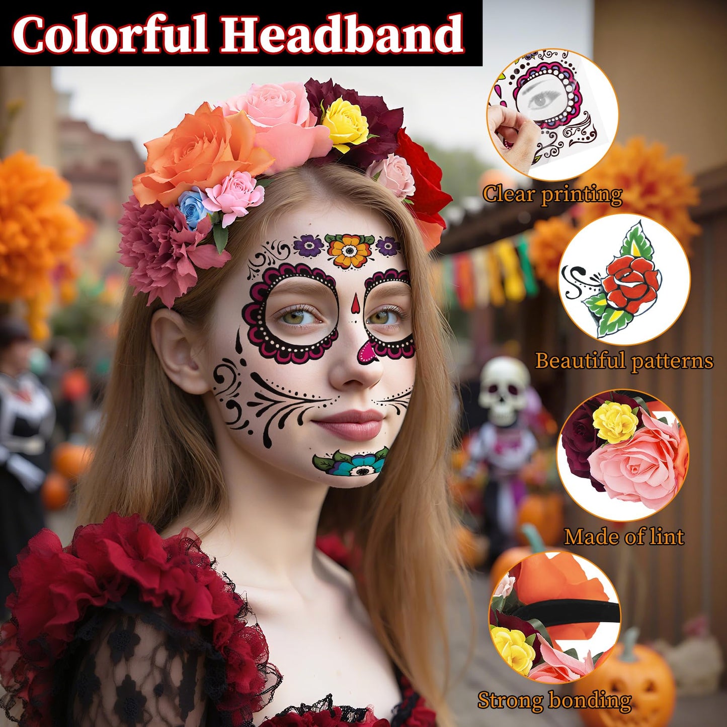 4 Kits Day of the Dead Sugar Skull Temporary Face Tattoos Makeup Costumes for Women and Men, DIY Skeleton Face Tattoos with 1 Ro