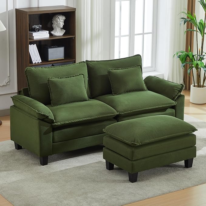 URRED Cloud Couch Modular Sectional Sofa, 87" Modern L Shaped Deep Seat Sofa with Ottoman & Pillows, Ultra Comfy Corduroy Couches for Living Room, Bedroom or Apartment, Green