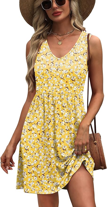 WIHOLL Women's Summer Casual V Neck Sleeveless Tank Dress Pleated A-Line Beach Mini Sundresses Cover Up with Pockets