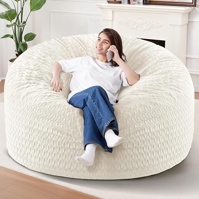 HABUTWAY 6FT Bean Bag Chair,Giant Bean Bag Chairs for Adults,Big Bean Bags with Memory Foam Filled, Large Beanbag Chairs with Chevron Plush Cover-White