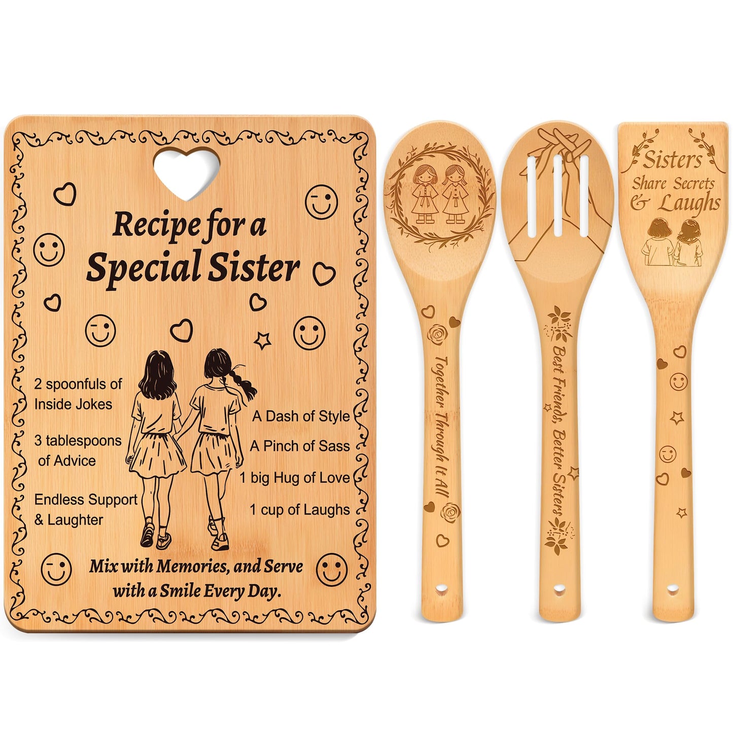 Sister Birthday Gifts from Sister - “Recipe for a Special Sister” Cutting Board Set & Engraved Utensils, Bamboo Sister Gifts for Birthday, Housewarming & Soul Sisters (FSC-Certified)