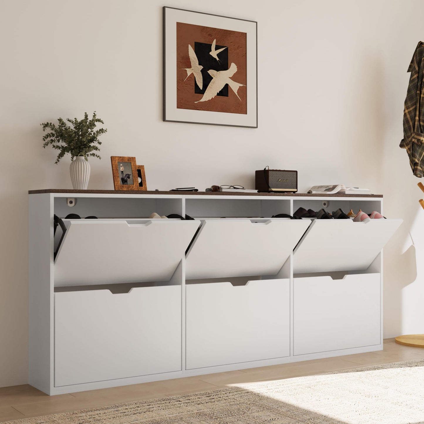 Bobve Entryway Shoe Cabinet with 6 Flap Drawers,70.87" Large Shoe Storage Cabinet,Handleless White Thin Shoe Organizer with Adjustable Shelves Wall-mountable Suitable for Bedroom, Garage, Hallway