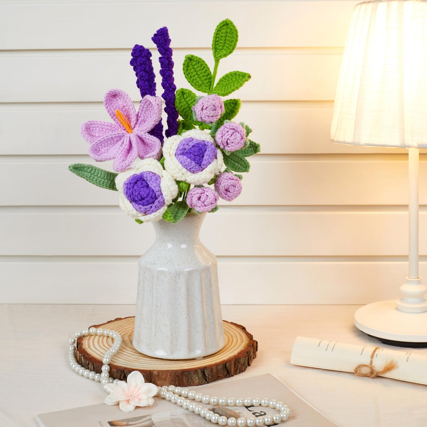 LAIDANLA Crochet Flowers Bouquet Purple Handmade Crocheted Roses Tulip Lavender 7pcs Anniversary Weddings Appreciation Christmas Birthdays Gifts for Women Knitted Flower Bouquet