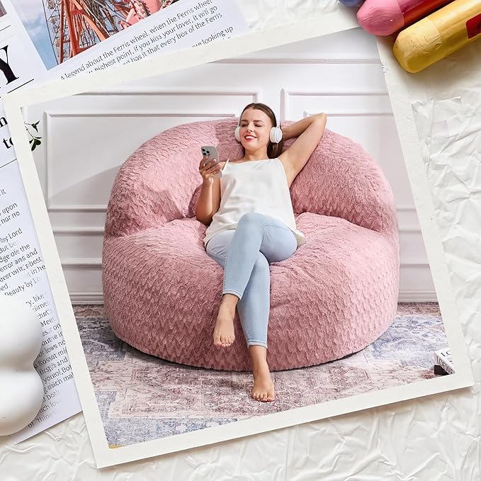 Hobestluk Bean Bag Chair Giant Bean Bag Chairs for Adults Big Bean Bag Chair with Memory Foam Filler Adults Large Beanbag with Faux Fur Cover for Bedroom (Chevron Pink,Oversize)