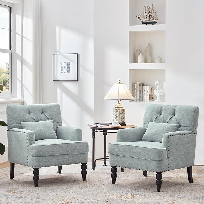HUIMO Accent Chairs Set of 2, Tufted Club Chair Set of 2 with Lumbar Pillow,Upholstered Button Armchair, Linen Fabric Sofa Chairs for Bedroom, Living Room, Mid Century Modern Reading Chair,Light Blue