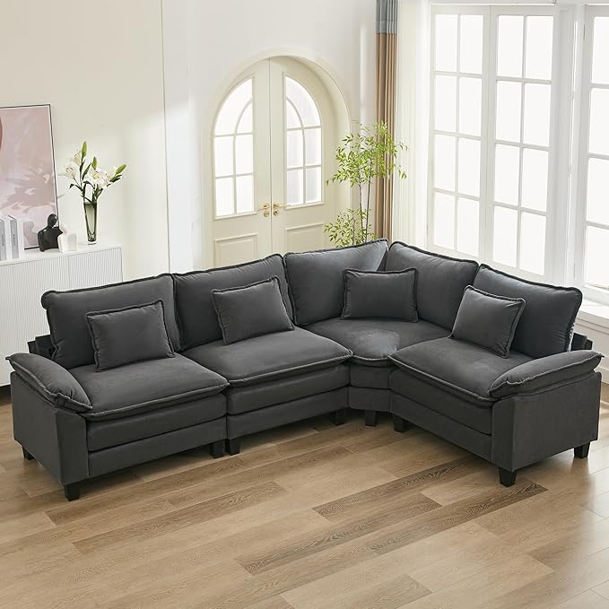 URRED Cloud Couch Modular Sectional Sofa, 116" Modern L Shaped Deep Seat Sofa with Pillows, Ultra Comfy Velvet Corner Couches for Living Room, Bedroom or Apartment, Dark Gray