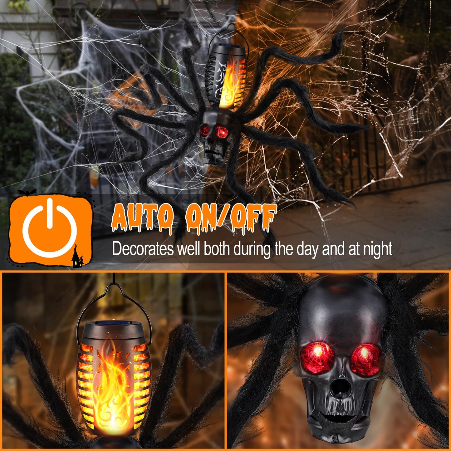 Halloween Skull Flame Light with 8 Spider Tentacles - Spooky Indoor/Outdoor Decoration for Halloween Parties, Gardens, and Haunted Displays (Orange, 2 Pack)
