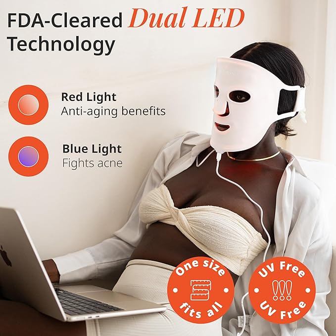 Vanity Planet VANA Red & Blue Light LED Face Mask - Silicone Light Therapy Mask for Anti-Aging, Acne Treatment - Adjustable, Lightweight, Reusable - White