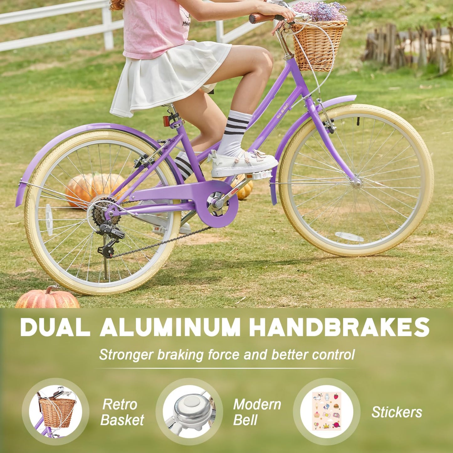 Glerc 24 Inch Beach Cruiser Bike, 6-Speed Hybrid City Bicycle for Girls Youth and Over 6 Years Old, Missy Bike with Wicker Basket & Lightweight, Purple