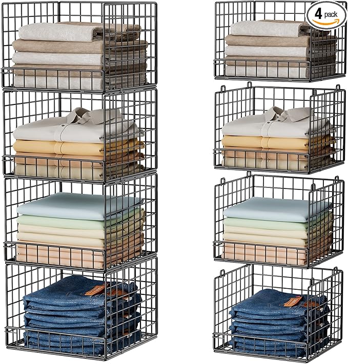 Stackable Closet Organizers and Storage Baskets, 4-Tier Closet Shelf Organizer for Small Space, Space-Saving Clothes Storage Drawer, Foldable Clothes Storage Bins for Closet Organizer System, Black