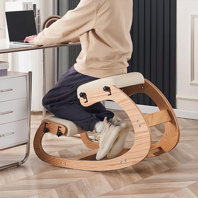 HoeuThien Ergonomic Kneeling Chair, Adjustable Rocking Office Chair Wooden Knee Chair Posture Chair for Home Office Back Pain Relief, Beige