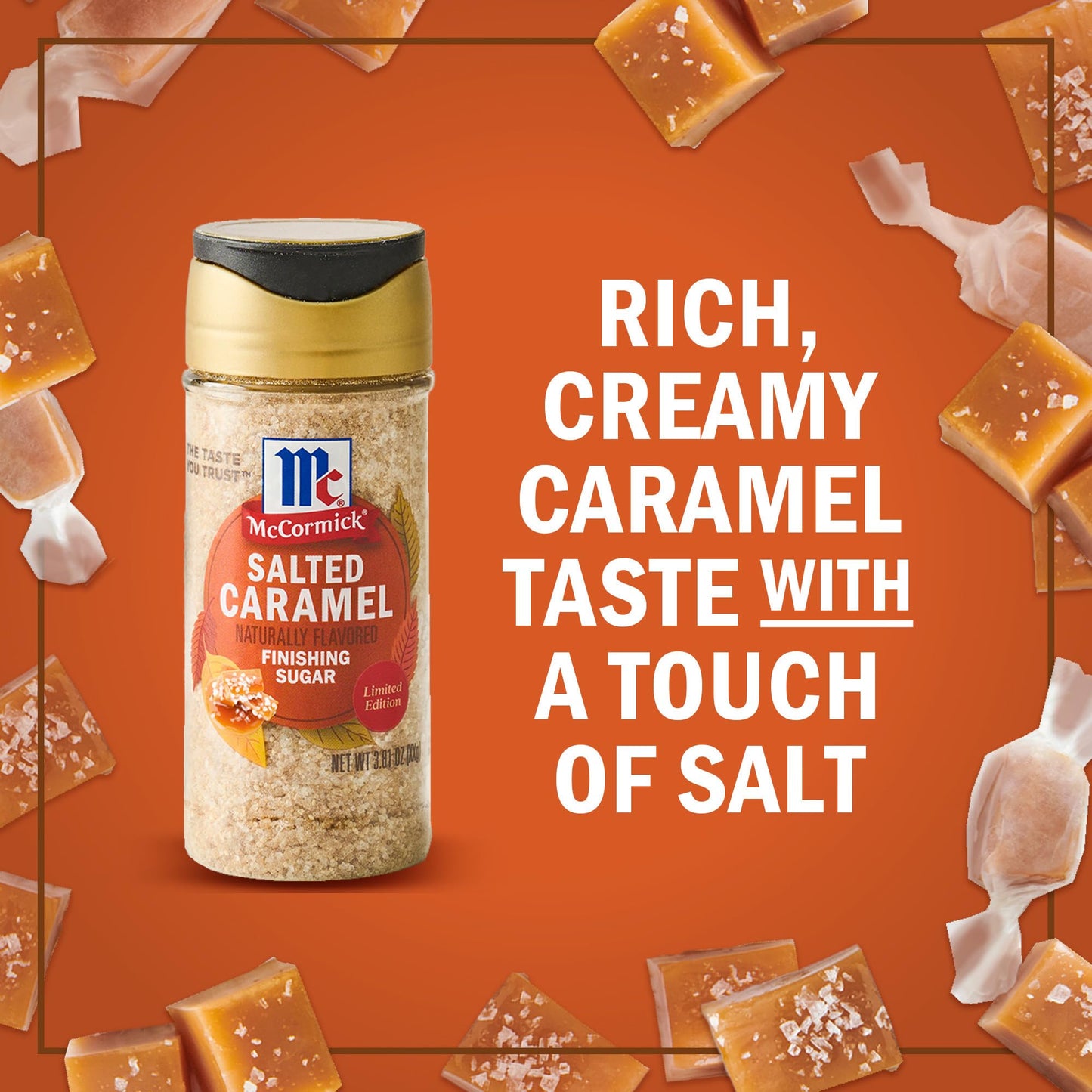 McCormick Finishing Sugar, Salted Caramel, Limited Edition, Creamy Caramel Flavor with a Touch of Salt, For Coffee, Ice Cream, Brownies, Popcorn, Hot Cocoa, and More, 3.81 oz