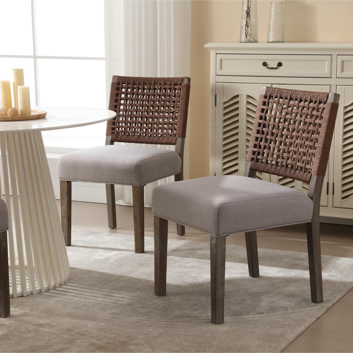 chairus upholstered Dining Chairs Set of 2, Farmhouse Dining Room Chairs Grey Kitchen Chairs with Low Woven Rope Back Wooden Side Chair for Kitchen Dinning Room Restaurant - Linen, Dark Grey