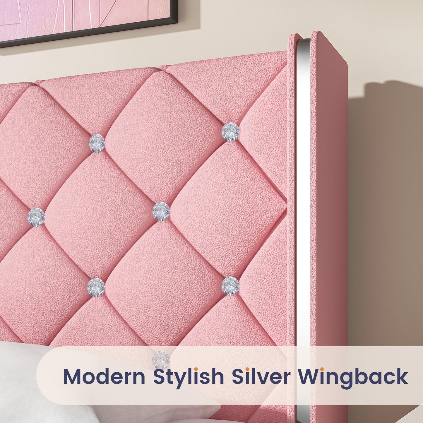 Twin Bed Frame with Headboard, Velvet Upholstered Bed with Diamond Tufted Design, Princess Twin Bed Frames for Kids, No Box Spring Required, Easy Assembly, Pink