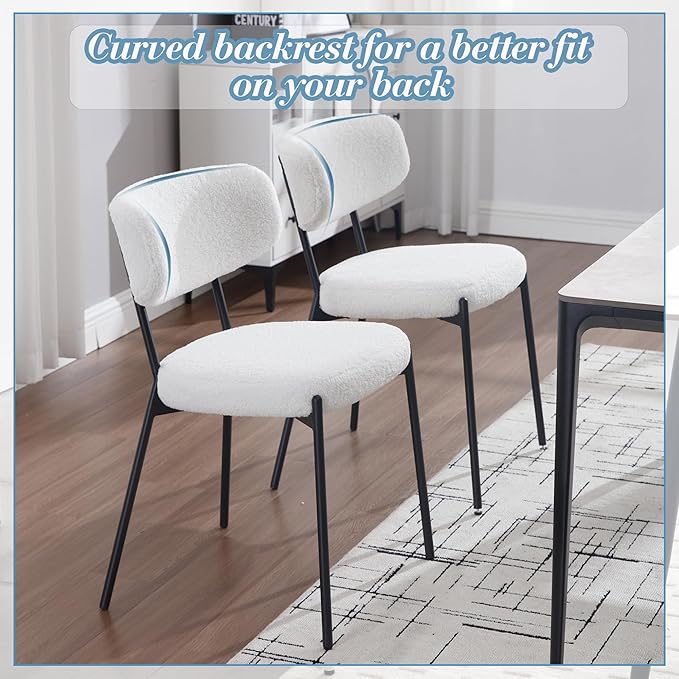 KCC Boucle Dining Chairs Set of 2, Modern Mid-Century Upholstered Stylish Kitchen Chairs Sherpa Accent Diner Chairs with Metal Legs and Curved Back for Kitchen, Dining Room(White)